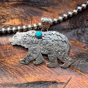 926 Sterling Silver Turquoise Story Teller Bear Pendant Statement Southwestern